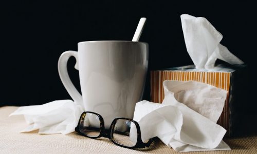 tissues, mug, glasses, flu