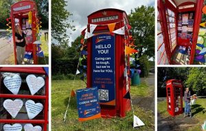 Montage of pictures showing the decorated for Carers Week Compton phone box