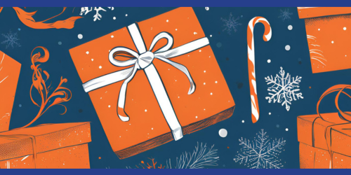 Drawing of orange gifts with silver stars and candy canes on blue background