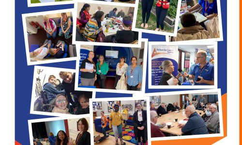 Front cover of an annual report publication showing faces of many Surrey unpaid carers helped by Action for Carers on orange and blue background