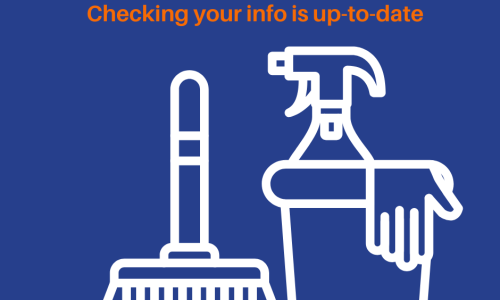 spring cleaning tools graphic image in white on blue background