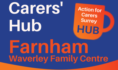 Blue badge with orange mug saying Carers Hub Farnham Waverly Family Centre